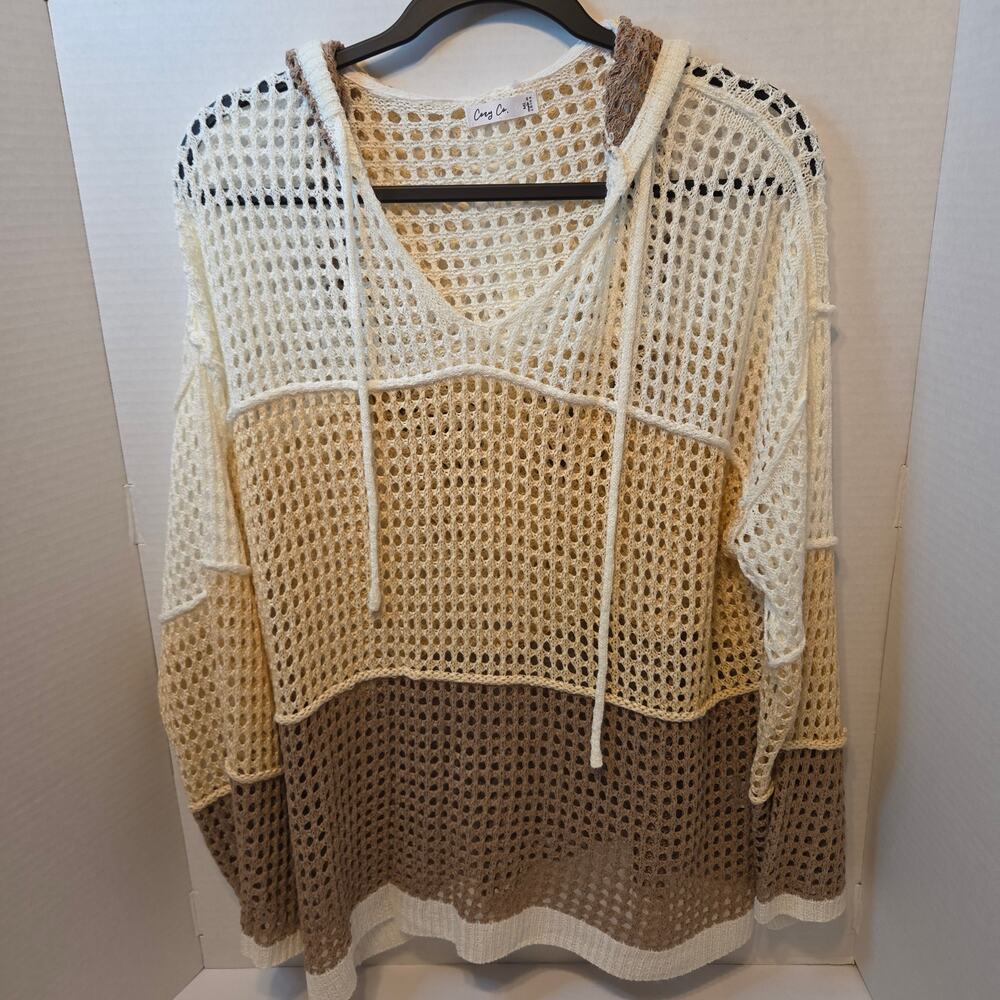 Cozy Co. Open Knit Color block Hooded Sweater open net crochet texture size M/L